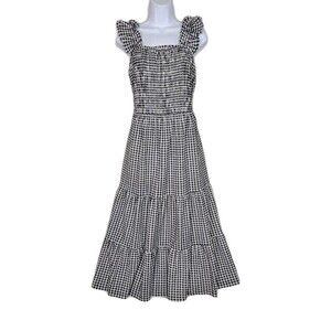 Cato Cottage Black White Gingham Check Tiered Ruffles Smocked Midi Dress Large